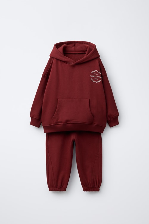 Çocuk Pamuklu Kapüşonlu Bordo Sweatshirt ve Eşofman Altı Takımı