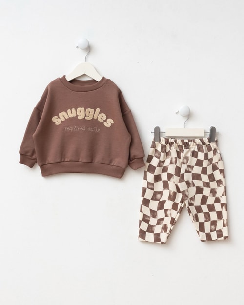 Çocuk Kahverengi Sweatshirt ve Dama Desenli Pantolon Takımı