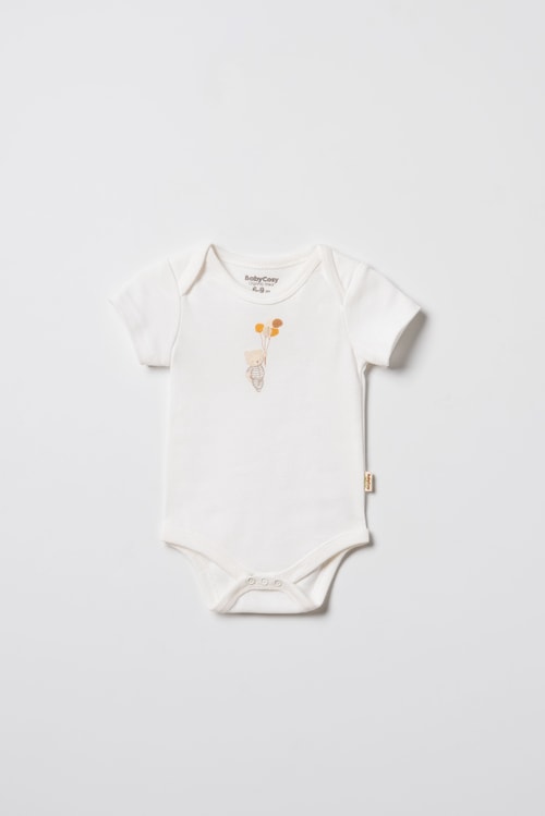 Unisex Bebek Pamuklu Ekru 2li Kısa Kollu Body Seti - Desenli ve Ayıcık Baskılı