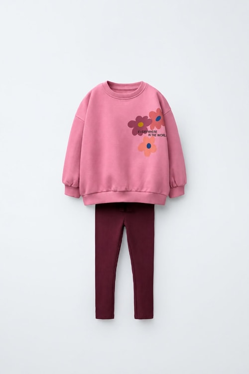 Kız Çocuk Pamuklu Çiçek Baskılı Pembe Sweatshirt ve Tayt Takımı