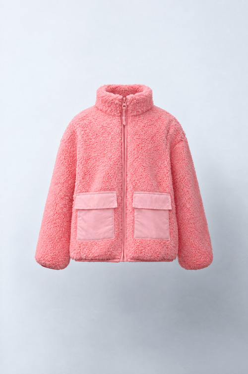 Kız Çocuk Pembe Peluş Fermuarlı Cepli Mont