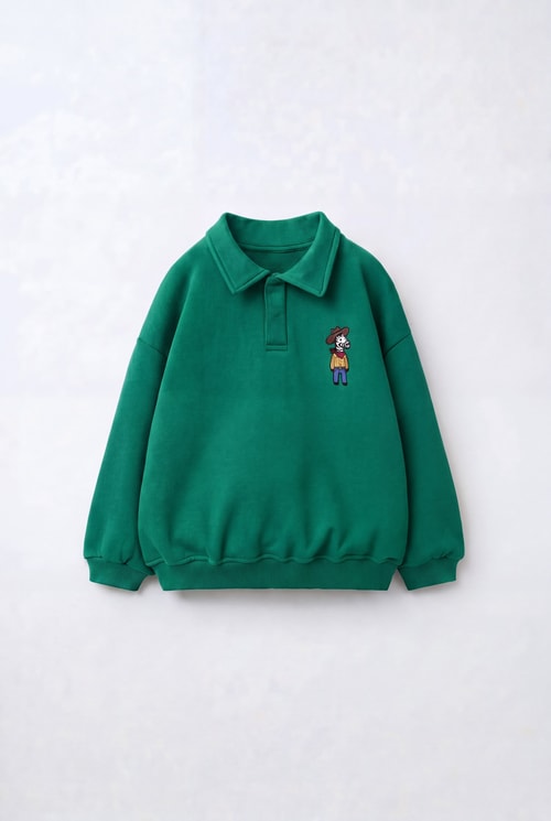Çocuk Polo Yaka Yeşil Nakış Detaylı Sweatshirt