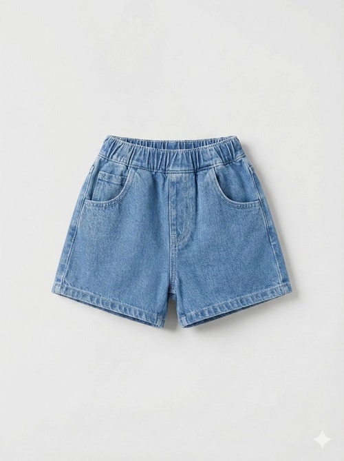 Unisex Çocuk Pamuklu Mavi Jean Şort - Elastik Belli Cepli