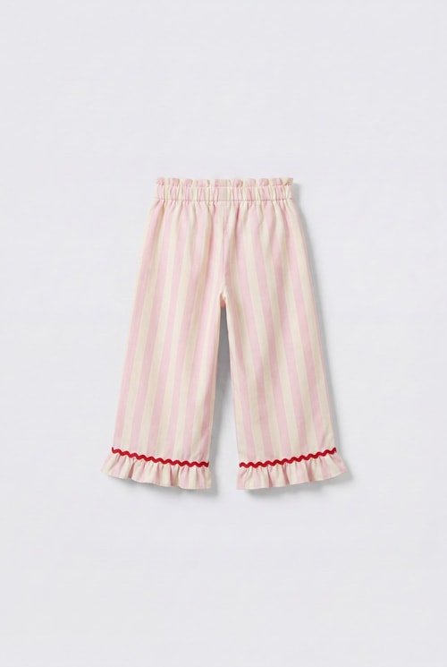 Kız Çocuk Pembe Çizgili Fırfır Paça Pantolon