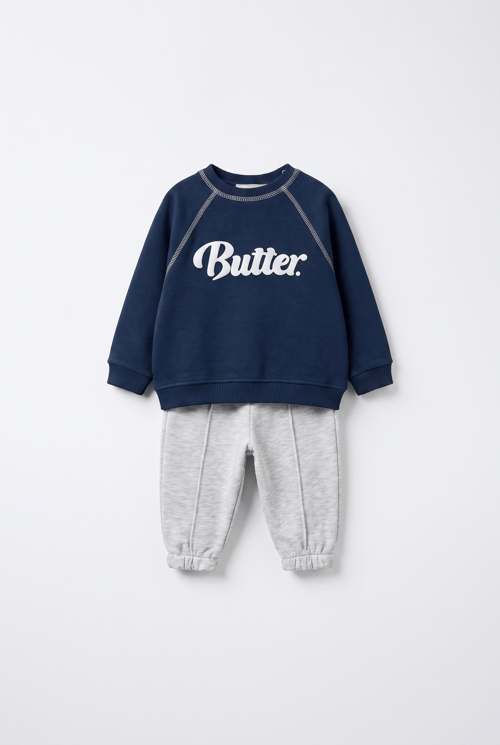 Bebek Pamuklu Butter Baskılı Lacivert Sweatshirt ve Gri Eşofman Altı Takımı