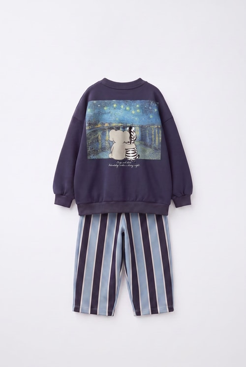 Çocuk Pamuklu Magu And Milo Lacivert Sweatshirt ve Çizgili Eşofman Takımı