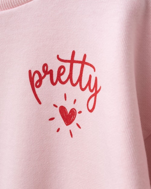 Kız Çocuk Pamuklu Pembe Sweatshirt ve Kırmızı Kalp Desenli Çizgili Eşofman Takımı