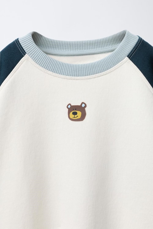 Çocuk Pamuklu Ayıcık Nakışlı Ekru Siyah Sweatshirt ve Eşofman Altı Takımı