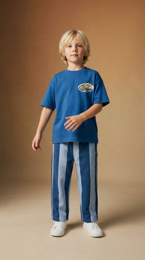 Erkek Çocuk Pamuklu Saks Mavi Baskılı T-Shirt ve Çizgili Pantolon Takım