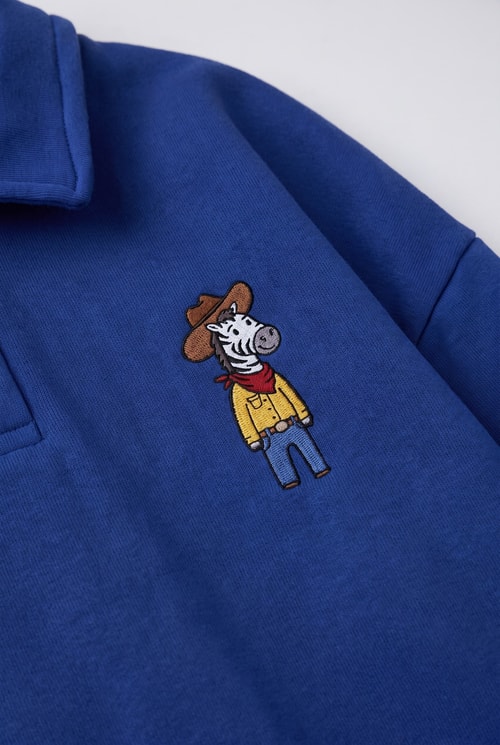 Çocuk Polo Yaka Mavi Nakış Detaylı Sweatshirt