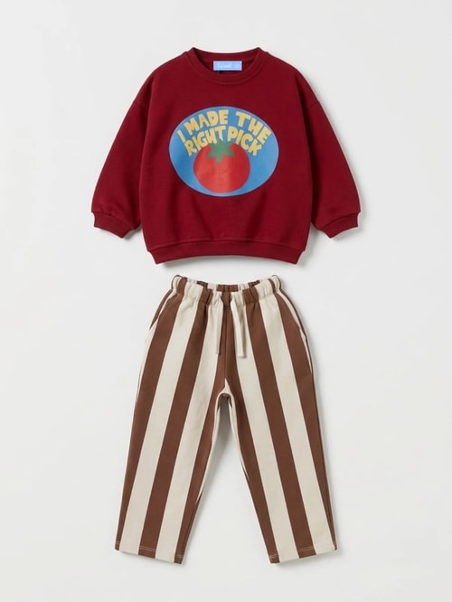 Çocuk  Domates Baskılı Kırmızı Sweatshirt ve Kahverengi Çizgili Eşofman Takımı