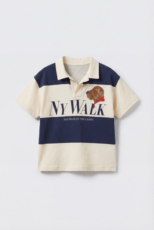 Erkek Çocuk Pamuklu Ekru Lacivert Köpek Nakışlı Polo Yaka T-Shirt