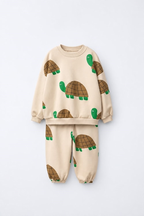 Çocuk Oversize Kaplumbağa Desenli Bej Sweatshirt ve Eşofman Altı Takımı
