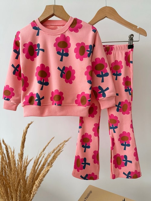 Kız Çocuk Pamuklu Çiçek Desenli Pembe Sweatshirt ve Tayt Takımı