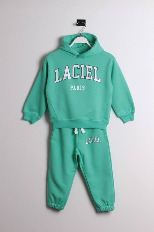 Unisex Çocuk Pamuklu Yeşil Baskılı Kapüşonlu Sweatshirt ve Paça Lastikli Eşofman Alt-Üst Takım