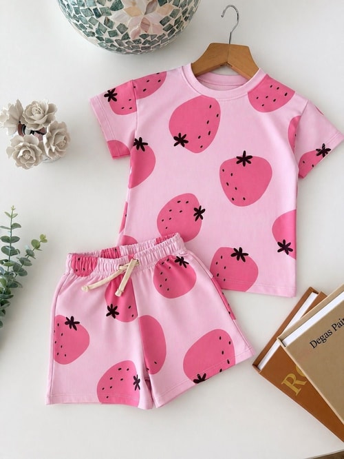 Kız Çocuk Pamuklu Pembe Çilek Desenli T-shirt Şort Takım