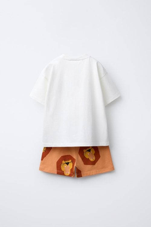 Unisex Çocuk Pamuklu Beyaz Aslan Temalı T-Shirt Şort Takım - Desenli Yazlık 2li Set