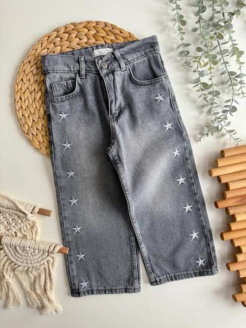 Kız Çocuk Pamuklu Gri Yıldız Desenli Denim Pantolon – Rahat Kesim, Günlük Kullanım