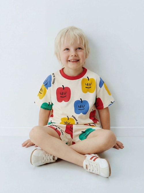 Çocuk Pamuklu Elma Desenli T-Shirt Şort Takım