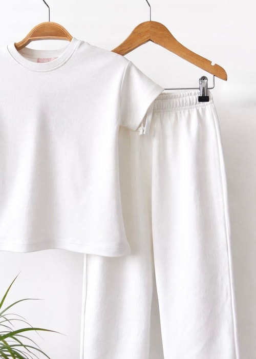 Kız Çocuk Pamuklu Basic Takım - Kısa Kollu T-Shirt ve Bol Paça Pantolon