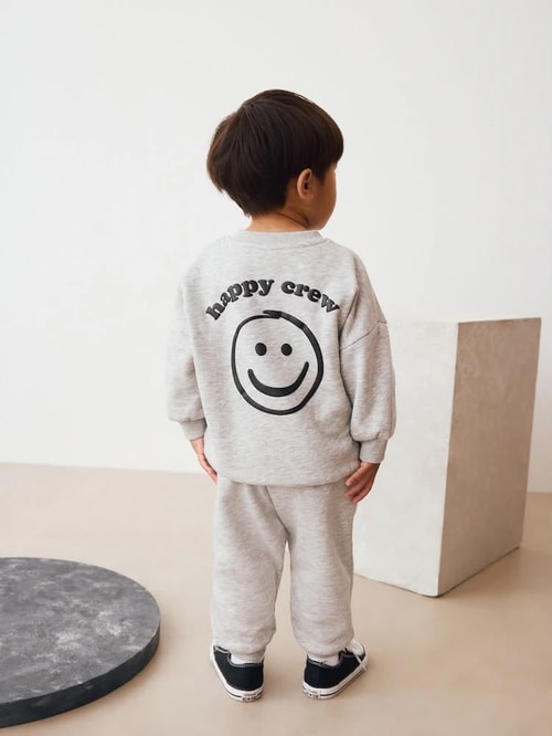 Çocuk Pamuklu Baskılı Gri Sweatshirt ve Eşofman Altı Takımı