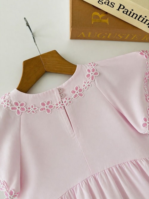 Kız Çocuk Pamuklu Pembe Çiçek Güpür Detaylı Elbise
