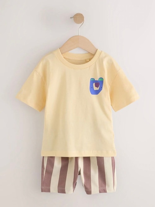 Erkek Çocuk Pamuklu Sarı Ayı Baskılı T-Shirt ve Çizgili Şort Takım - Yazlık