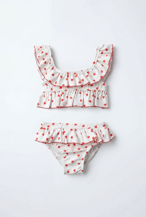 Kız Çocuk Pamuklu Kalp Desenli Fırfırlı Bikini Mayo Takımı