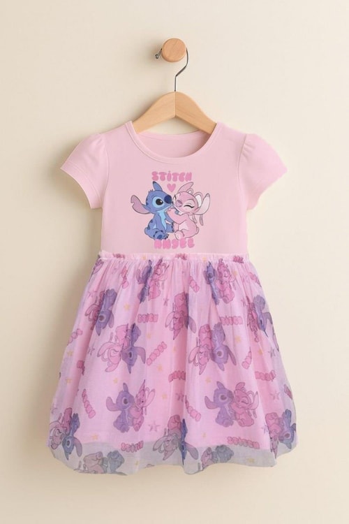 Kız Çocuk Pamuklu Pembe Stitch ve Angel Baskılı Tül Etekli Elbise