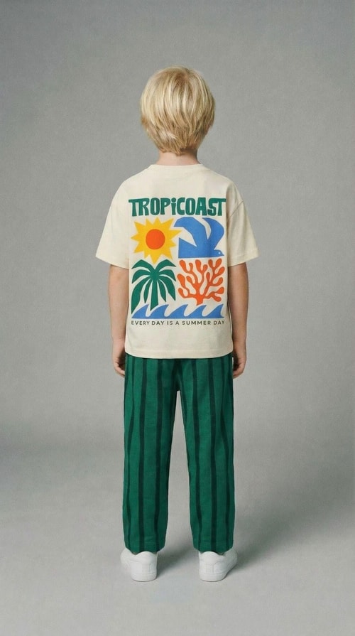 Çocuk Pamuklu Bej Baskılı T-Shirt ve Yeşil Çizgili Eşofman Takım