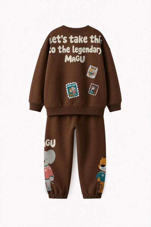 Çocuk Magu and Milo Kahverengi Sweatshirt ve Eşofman Altı Takımı