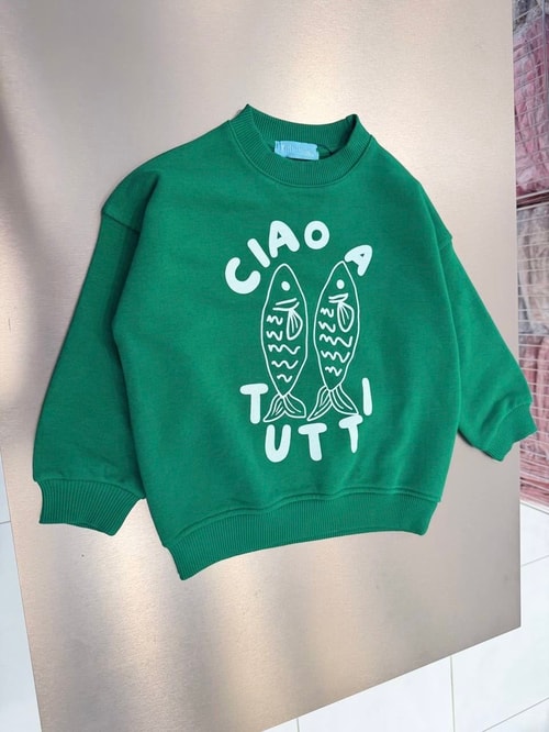 Çocuk Pamuklu Balık Baskılı Yeşil Sweatshirt
