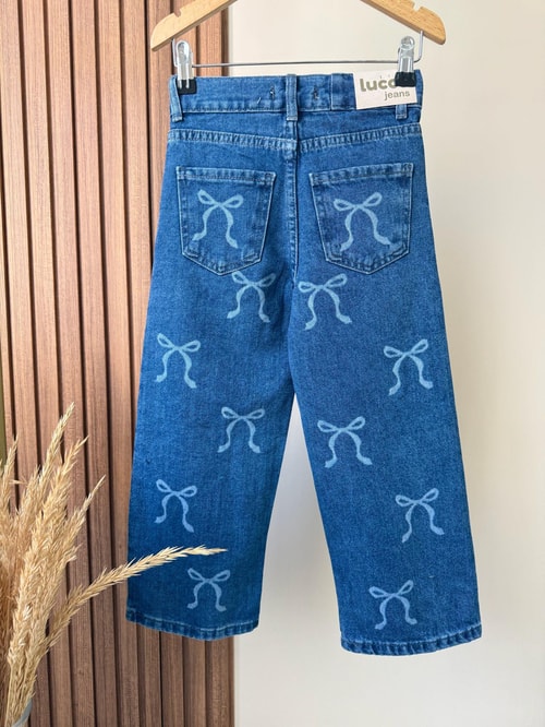 Kız Çocuk Mavi Denim Fiyonk Desenli Pantolon