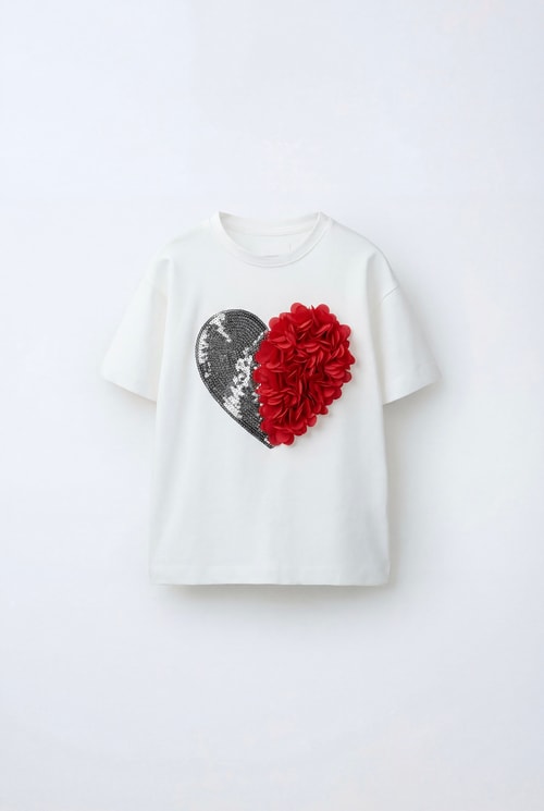 Kız Çocuk Pamuklu Beyaz Kalp Aplikeli T-Shirt