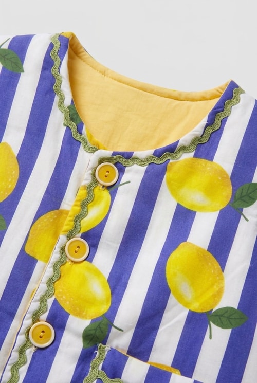 Çocuk Limon Desenli Mavi Çizgili Kapitone Yelek