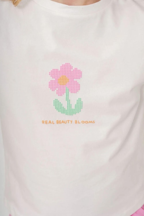 Kız Çocuk Pamuklu Beyaz Çiçek Baskılı T-shirt ve Pembe Cepli Pantolon Takım