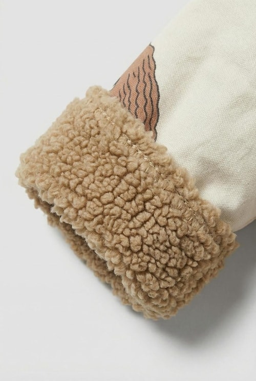 Unisex Çocuk Pamuklu Krem Köpek Desenli Peluş Yaka Ceket