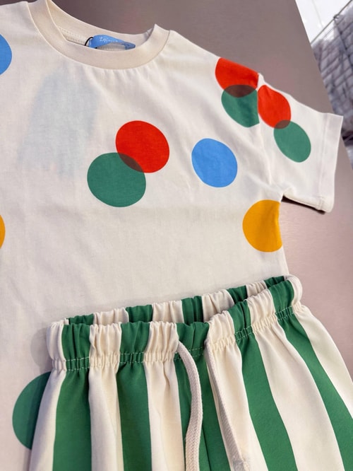 Unisex Çocuk Pamuklu Puantiyeli T-shirt Çizgili Eşofman Takım