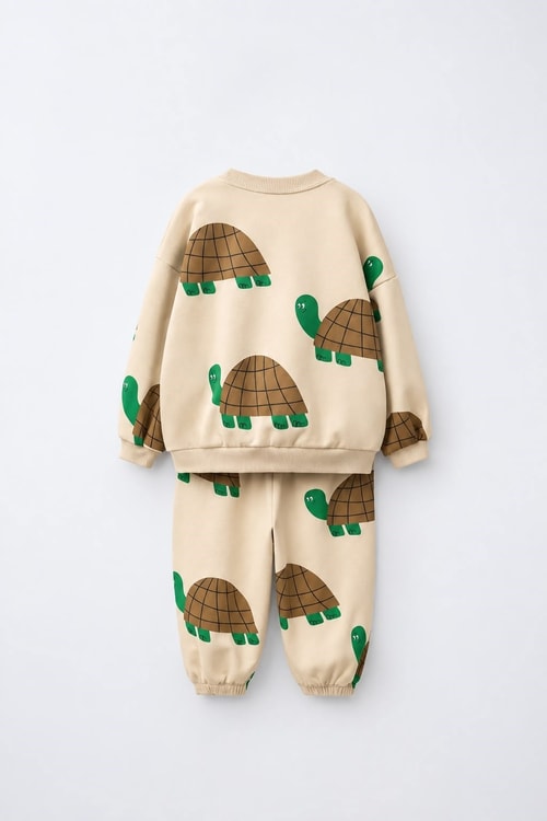 Çocuk Oversize Kaplumbağa Desenli Bej Sweatshirt ve Eşofman Altı Takımı
