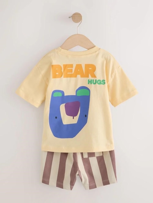 Erkek Çocuk Pamuklu Sarı Ayı Baskılı T-Shirt ve Çizgili Şort Takım - Yazlık
