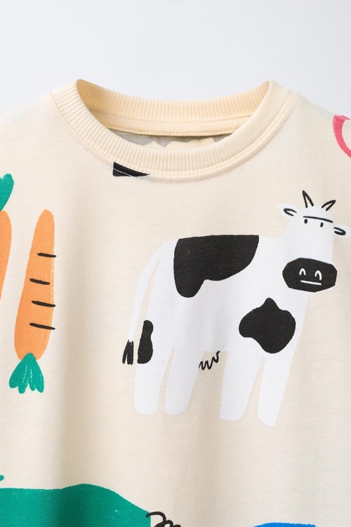 Unisex Çocuk Pamuklu Krem Çiftlik Desenli T-Shirt Şort Takım - Eğlenceli Yazlık Set