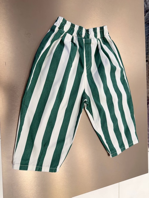 Çocuk Yeşil Beyaz Çizgili Beli Lastikli Pantolon