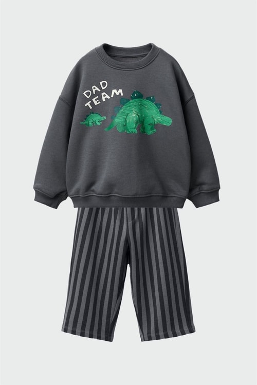 Erkek Çocuk Pamuklu Gri Sevimli Hayvancık Baskılı Sweatshirt - Dad Team Yazılı