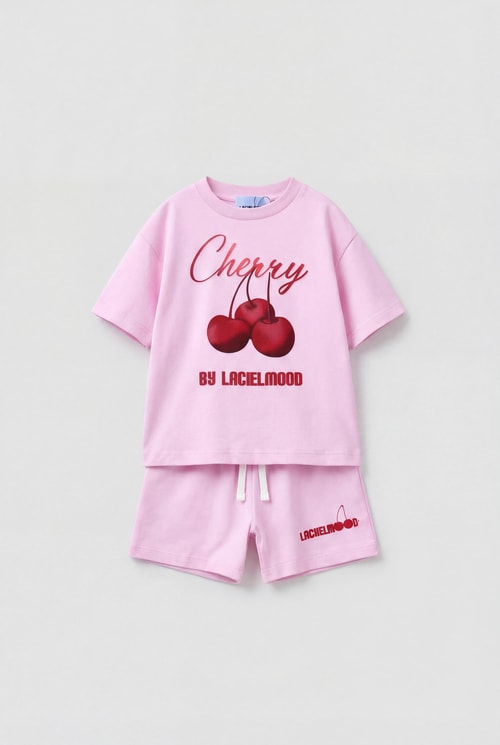 Kız Çocuk Pamuklu Pembe Kiraz Baskılı T-Shirt Şort Takım