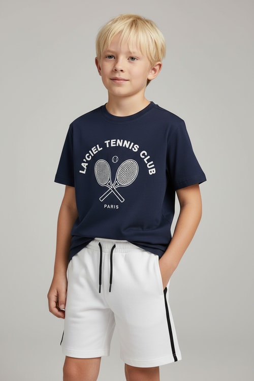 Erkek Çocuk Pamuklu Lacivert Baskılı T-Shirt ve Beyaz Şort Takım