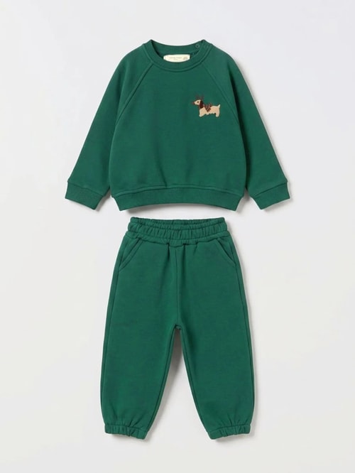 Bebek Pamuklu Köpek Nakışlı Yeşil Sweatshirt ve Eşofman Altı Takımı