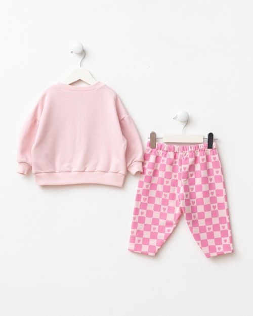Kız Çocuk Kalp Baskılı Pembe Sweatshirt ve Kare Desenli Eşofman Takımı