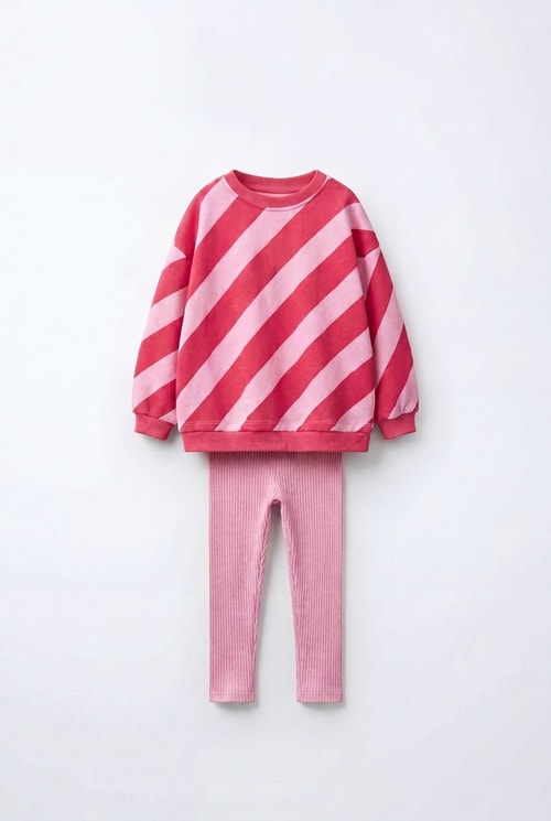 Kız Çocuk Pamuklu Çilek Nakışlı Pembe Çizgili Sweatshirt ve Tayt Takımı
