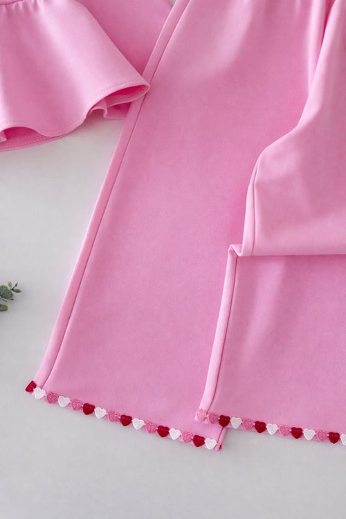 Kız Çocuk Pamuklu Pembe Kalp Detaylı Bluz Pantolon Takım