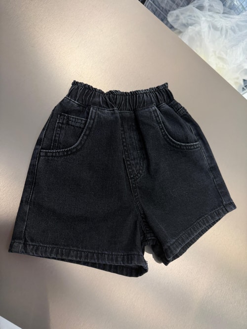 Unisex Çocuk Pamuklu Siyah Jean Şort - Elastik Belli Cepli